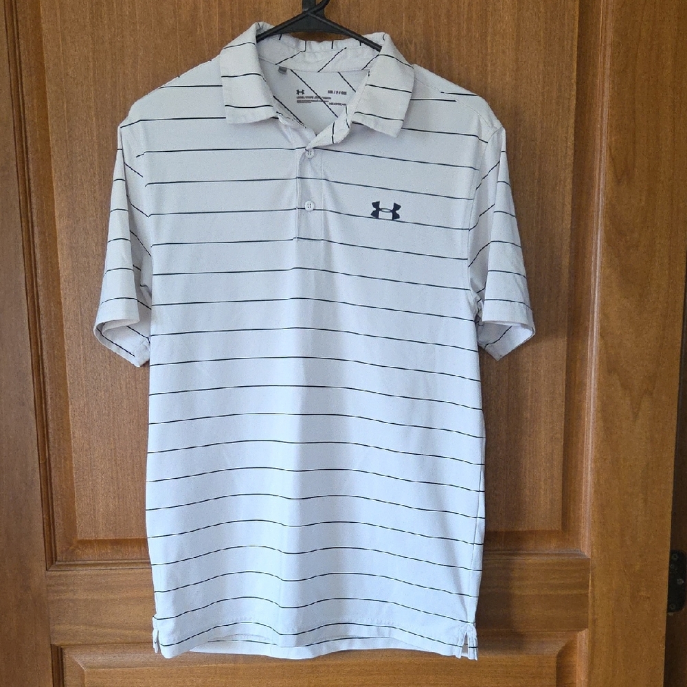 Mens Under Armour White Polo with Thin Black Stripes Athletic Golf